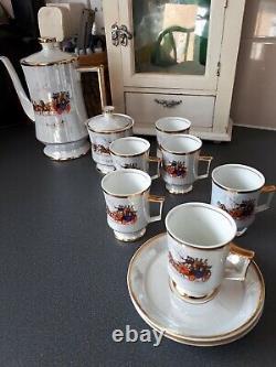 Vista Alegre Coimbra White Gilded Pearlescent Coffee Set Pot & 6 Cups & Saucers