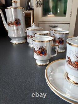 Vista Alegre Coimbra White Gilded Pearlescent Coffee Set Pot & 6 Cups & Saucers