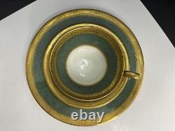 Vntg Royal Worchester England Emerald Green & Gold Cups Saucers & Salad Plates