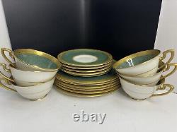 Vntg Royal Worchester England Emerald Green & Gold Cups Saucers & Salad Plates