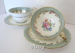 Vtg 1930s AYNSLEY Pair of 2 Tea Cup Saucer Set Pale Green Gold Floral Bone China