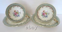 Vtg 1930s AYNSLEY Pair of 2 Tea Cup Saucer Set Pale Green Gold Floral Bone China