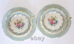 Vtg 1930s AYNSLEY Pair of 2 Tea Cup Saucer Set Pale Green Gold Floral Bone China