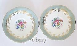 Vtg 1930s AYNSLEY Pair of 2 Tea Cup Saucer Set Pale Green Gold Floral Bone China