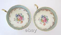 Vtg 1930s AYNSLEY Pair of 2 Tea Cup Saucer Set Pale Green Gold Floral Bone China