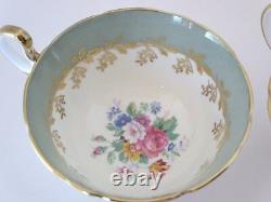 Vtg 1930s AYNSLEY Pair of 2 Tea Cup Saucer Set Pale Green Gold Floral Bone China