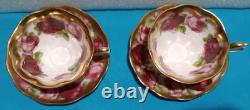 Vtg 2 ROYAL ALBERT HEAVY GOLD Old English Rose TEA CUPS & SAUCERS Treasure Chest