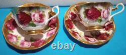 Vtg 2 ROYAL ALBERT HEAVY GOLD Old English Rose TEA CUPS & SAUCERS Treasure Chest
