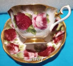 Vtg 2 ROYAL ALBERT HEAVY GOLD Old English Rose TEA CUPS & SAUCERS Treasure Chest