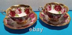 Vtg 2 ROYAL ALBERT HEAVY GOLD Old English Rose TEA CUPS & SAUCERS Treasure Chest