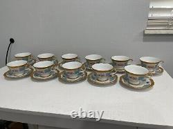 Vtg Antique Bavarian Porcelain Set 11 Tea Cups & Saucers w Blue Gold Floral Dec