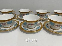 Vtg Antique Bavarian Porcelain Set 11 Tea Cups & Saucers w Blue Gold Floral Dec