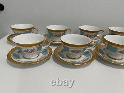 Vtg Antique Bavarian Porcelain Set 11 Tea Cups & Saucers w Blue Gold Floral Dec