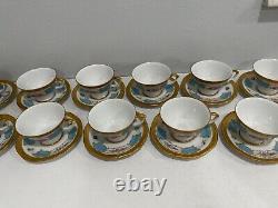 Vtg Antique Bavarian Porcelain Set 11 Tea Cups & Saucers w Blue Gold Floral Dec