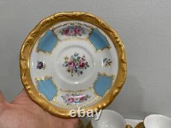 Vtg Antique Bavarian Porcelain Set 11 Tea Cups & Saucers w Blue Gold Floral Dec