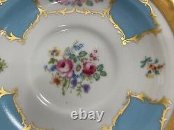 Vtg Antique Bavarian Porcelain Set 11 Tea Cups & Saucers w Blue Gold Floral Dec