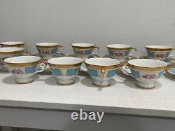 Vtg Antique Bavarian Porcelain Set 11 Tea Cups & Saucers w Blue Gold Floral Dec