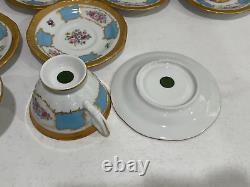 Vtg Antique Bavarian Porcelain Set 11 Tea Cups & Saucers w Blue Gold Floral Dec