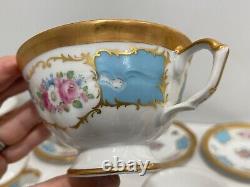 Vtg Antique Bavarian Porcelain Set 11 Tea Cups & Saucers w Blue Gold Floral Dec