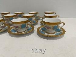 Vtg Antique Bavarian Porcelain Set 12 Demitasse Cups & Saucers Blue Gold Floral