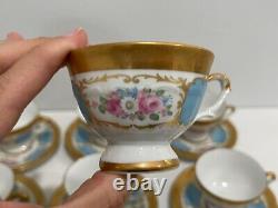 Vtg Antique Bavarian Porcelain Set 12 Demitasse Cups & Saucers Blue Gold Floral