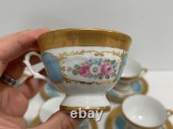 Vtg Antique Bavarian Porcelain Set 12 Demitasse Cups & Saucers Blue Gold Floral