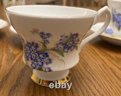 Vtg Consort Fine Bone China England (5) Tea Cups/Saucers Gold Trim Blue Flowers