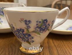 Vtg Consort Fine Bone China England (5) Tea Cups/Saucers Gold Trim Blue Flowers
