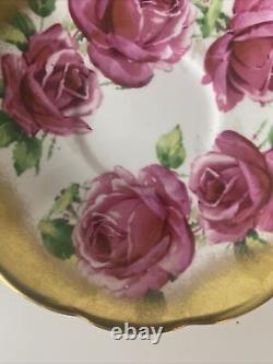 Vtg Rare Queen Anne PINK CABBAGE ROSE FLORAL CUP & SAUCER Heavy Gold Gilding