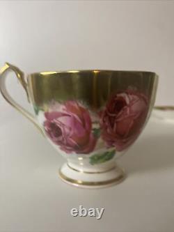 Vtg Rare Queen Anne PINK CABBAGE ROSE FLORAL CUP & SAUCER Heavy Gold Gilding