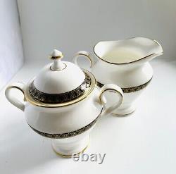 Waterford Ashworth Cups Saucers Bone China Sugar Creamer Gold Black Set of 12