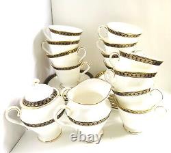 Waterford Ashworth Cups Saucers Bone China Sugar Creamer Gold Black Set of 12