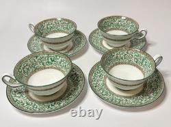 Wedgwood Bone China Green & Gold Tea Cups & Saucers Set of 4 England