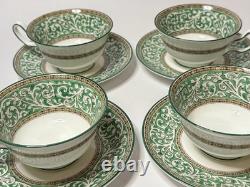 Wedgwood Bone China Green & Gold Tea Cups & Saucers Set of 4 England