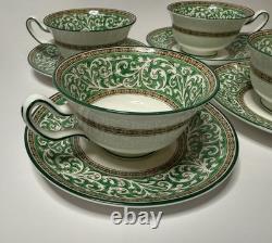 Wedgwood Bone China Green & Gold Tea Cups & Saucers Set of 4 England