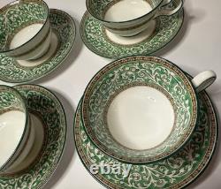 Wedgwood Bone China Green & Gold Tea Cups & Saucers Set of 4 England