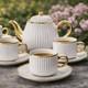 White Ribbed Ceramic Tea Set Gold Trim Teapot 6 Cups & Saucers Elegant Luxury