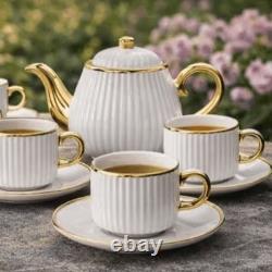 White Ribbed Ceramic Tea Set Gold Trim Teapot 6 Cups & Saucers Elegant Luxury