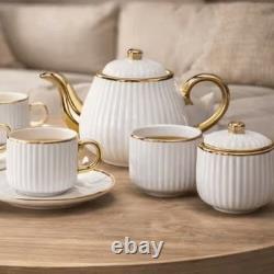 White Ribbed Ceramic Tea Set Gold Trim Teapot 6 Cups & Saucers Elegant Luxury