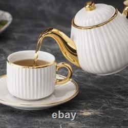 White Ribbed Ceramic Tea Set Gold Trim Teapot 6 Cups & Saucers Elegant Luxury
