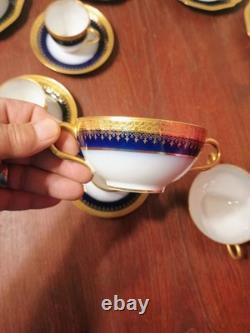 Wm Guerin Limoges 14 Pc Cobalt Blue Gold Gilt Cups & Saucers Set WOW