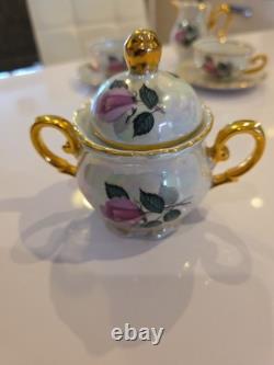 Wolfram Wiesau Bavaria Art Deco Tea Set c. 1928Pearl LustrePink RosesGold Gilt