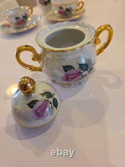 Wolfram Wiesau Bavaria Art Deco Tea Set c. 1928Pearl LustrePink RosesGold Gilt