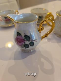 Wolfram Wiesau Bavaria Art Deco Tea Set c. 1928Pearl LustrePink RosesGold Gilt