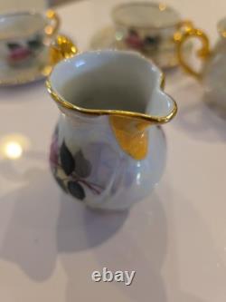 Wolfram Wiesau Bavaria Art Deco Tea Set c. 1928Pearl LustrePink RosesGold Gilt