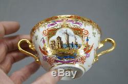 Wolfsohn Dresden Hand Painted Dock Scenes & Gold Covered Bouillon Cup & Saucer C