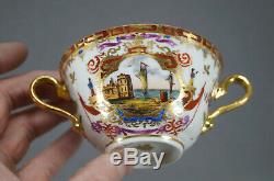 Wolfsohn Dresden Hand Painted Dock Scenes & Gold Covered Bouillon Cup & Saucer F
