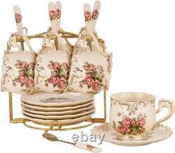 YOLIFE Tea Cups and Saucers Set of 6, 200 ML Vintage Pink Rose Ivory Porcelain