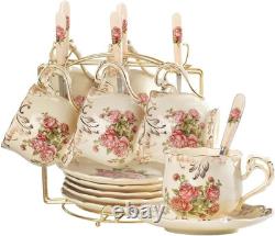 YOLIFE Tea Cups and Saucers Set of 6, 200 ML Vintage Pink Rose Ivory Porcelain T