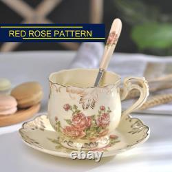 YOLIFE Tea Cups and Saucers Set of 6, 200 ML Vintage Pink Rose Ivory Porcelain T